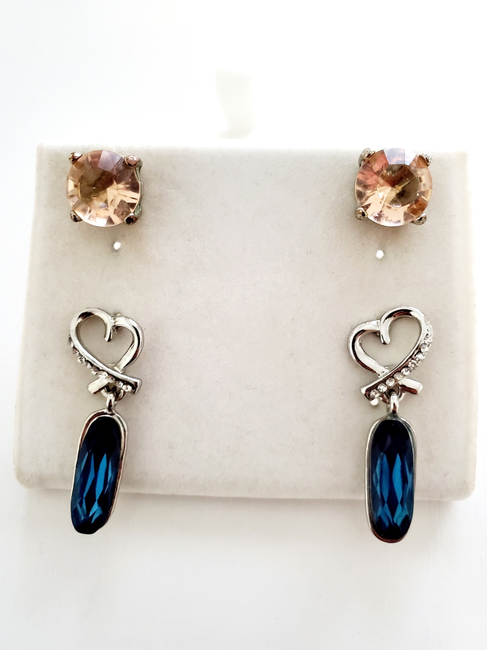 Two-Pair Women’s Earring Set — Blush Studs & Blue Drop Hearts